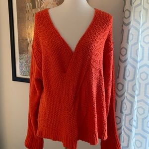 Free People cotton v-neck sweater. Bright orange and fabulous!